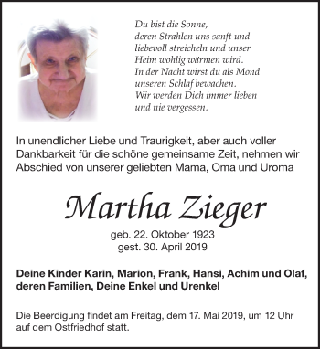 Traueranzeige von Martha Zieger von Leipziger Volkszeitung