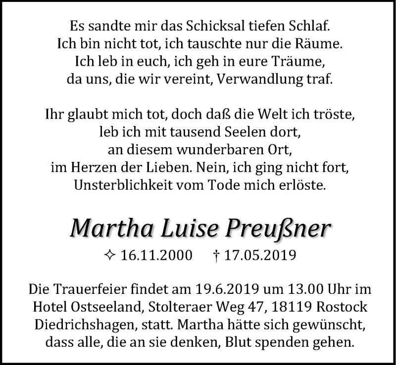  Traueranzeige für Martha Luise Preußner vom 25.05.2019 aus Ostsee-Zeitung GmbH