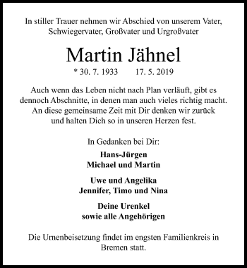 Traueranzeige von Martin Jähnel von Hannoversche Allgemeine Zeitung/Neue Presse
