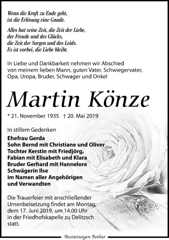 Traueranzeige von Martin Könze von Leipziger Volkszeitung