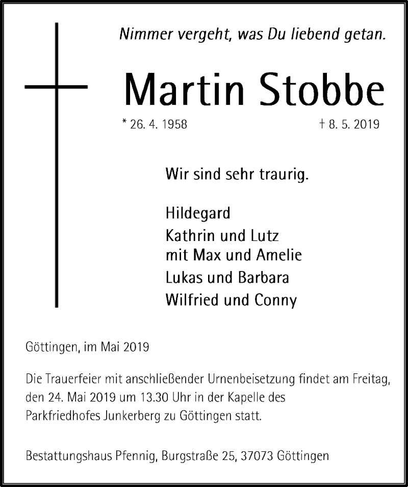  Traueranzeige für Martin Stobbe vom 18.05.2019 aus Göttinger Tageblatt