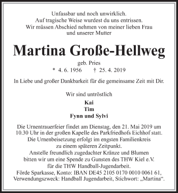 Traueranzeige von Martina Große-Hellweg von Kieler Nachrichten