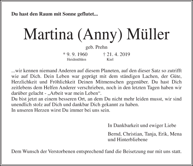  Traueranzeige für Martina Müller vom 11.05.2019 aus Kieler Nachrichten