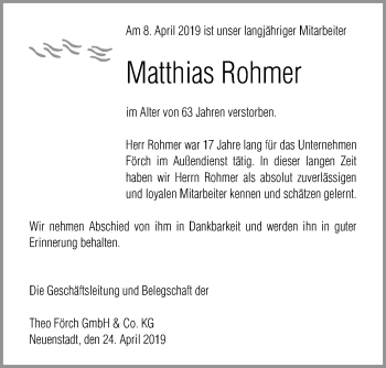 Traueranzeige von Matthias Rohmer von Ostsee-Zeitung GmbH
