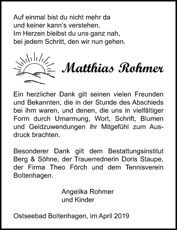 Traueranzeige von Matthias Rohmer von Ostsee-Zeitung GmbH