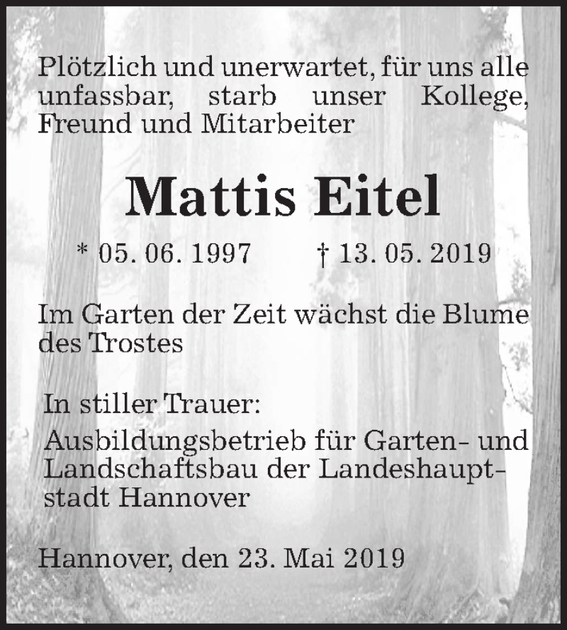  Traueranzeige für Mattis Eitel vom 23.05.2019 aus Hannoversche Allgemeine Zeitung/Neue Presse