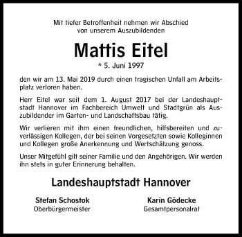 Traueranzeige von Mattis Eitel von Hannoversche Allgemeine Zeitung/Neue Presse