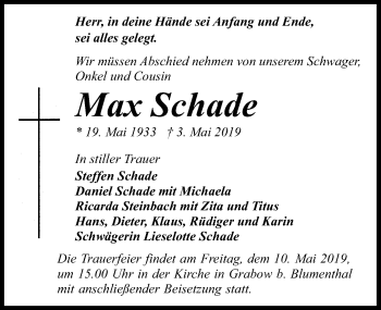 Traueranzeige von Max Schade von Märkischen Allgemeine Zeitung