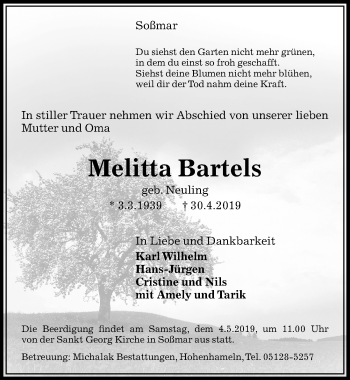 Traueranzeige von Melitta Bartels von Peiner Allgemeine Zeitung