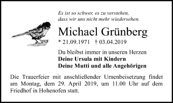 Traueranzeige von Michael Grünberg von Märkischen Allgemeine Zeitung
