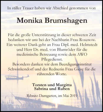 Traueranzeige von Monika Brumshagen von Ostsee-Zeitung GmbH