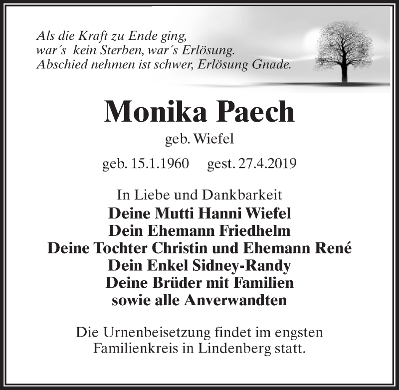 Traueranzeige für Monika Paech vom 04.05.2019 aus Märkischen Allgemeine Zeitung