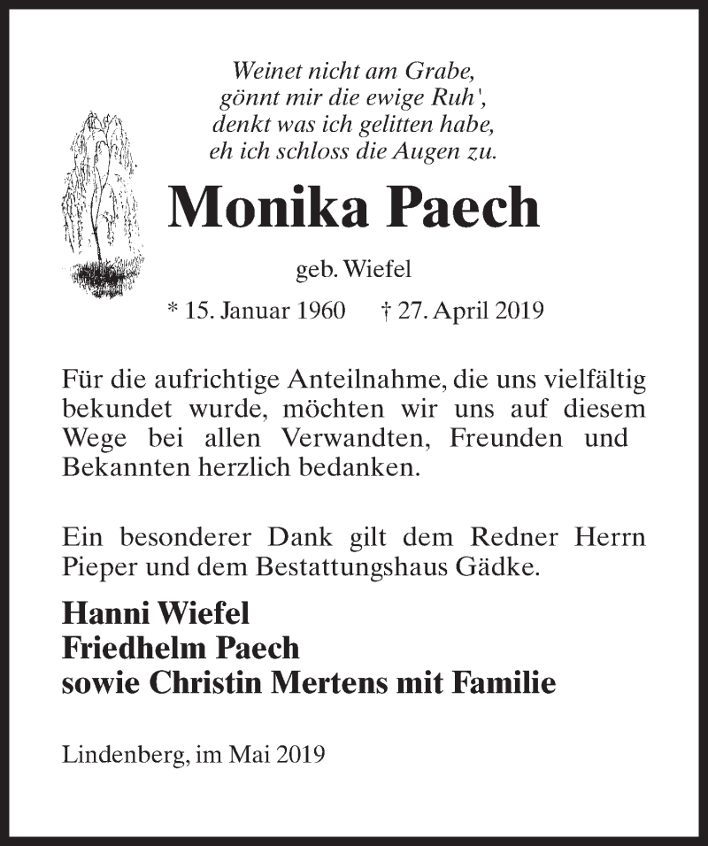  Traueranzeige für Monika Paech vom 25.05.2019 aus Märkischen Allgemeine Zeitung