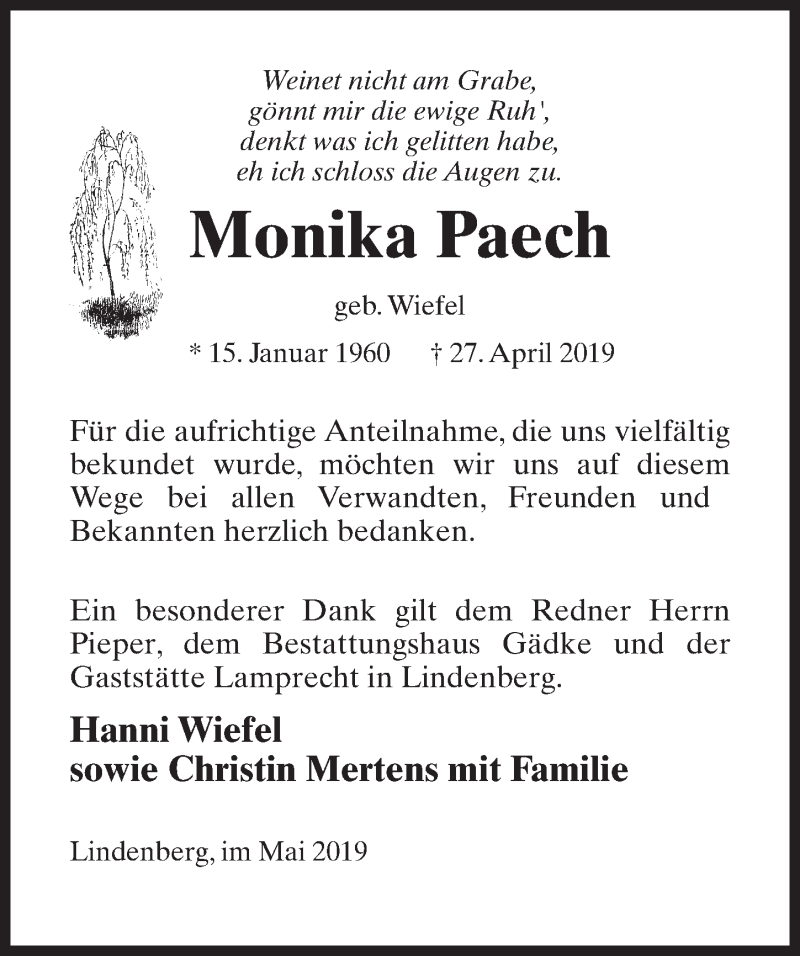  Traueranzeige für Monika Paech vom 25.05.2019 aus Märkischen Allgemeine Zeitung