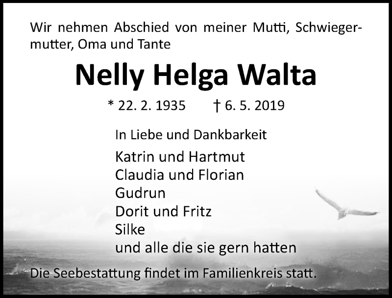  Traueranzeige für Nelly Helga Walta vom 11.05.2019 aus Ostsee-Zeitung GmbH