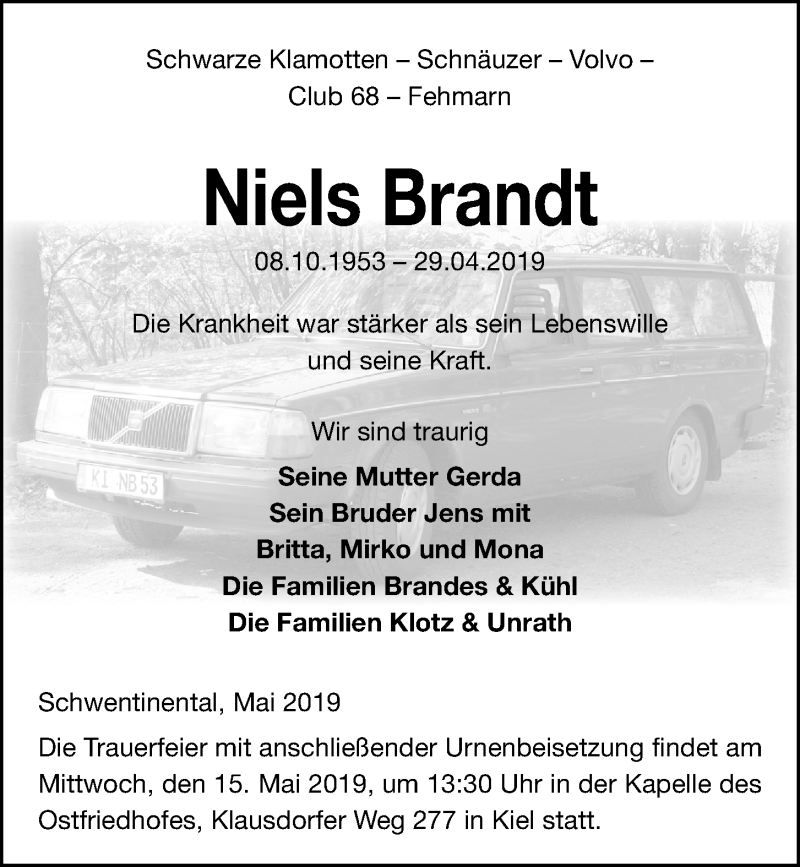  Traueranzeige für Niels Brandt vom 11.05.2019 aus Kieler Nachrichten