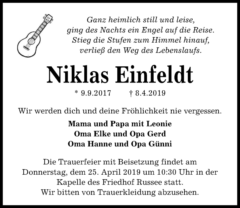  Traueranzeige für Niklas Einfeldt vom 20.04.2019 aus Kieler Nachrichten