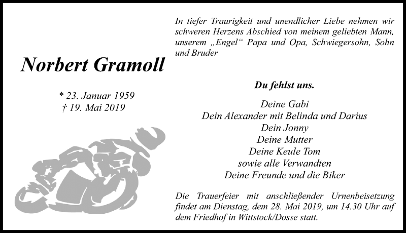  Traueranzeige für Norbert Gramoll vom 24.05.2019 aus Märkischen Allgemeine Zeitung