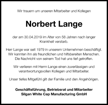 Traueranzeige von Norbert Lange von Hannoversche Allgemeine Zeitung/Neue Presse