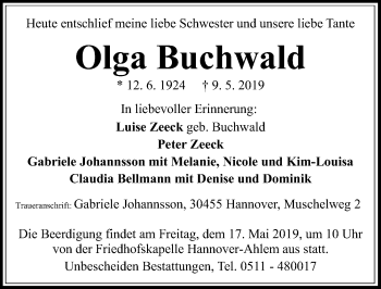 Traueranzeige von Olga Buchwald von Hannoversche Allgemeine Zeitung/Neue Presse