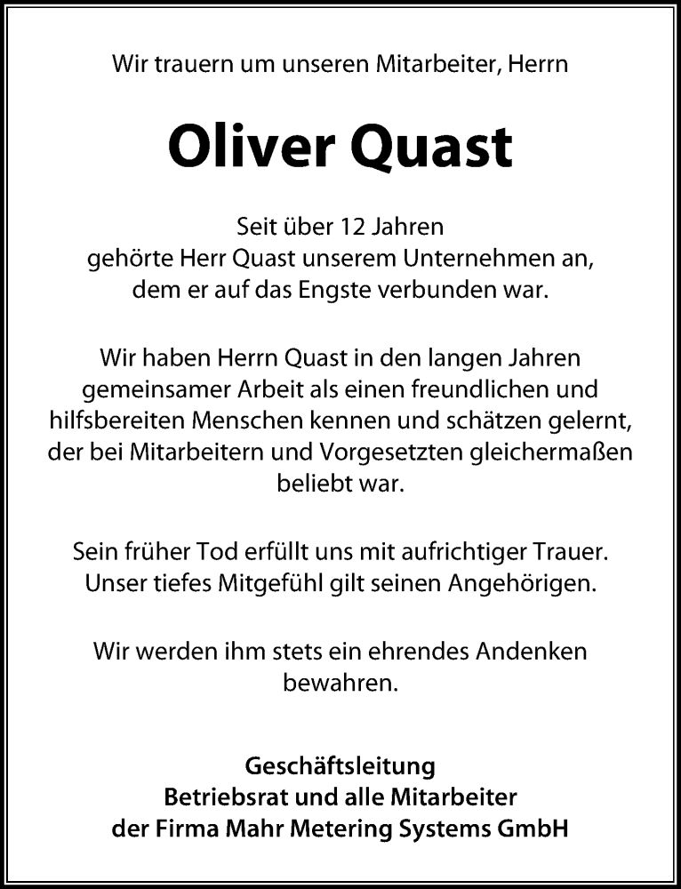 Traueranzeige für Oliver Quast vom 02.03.2019 aus Göttinger Tageblatt