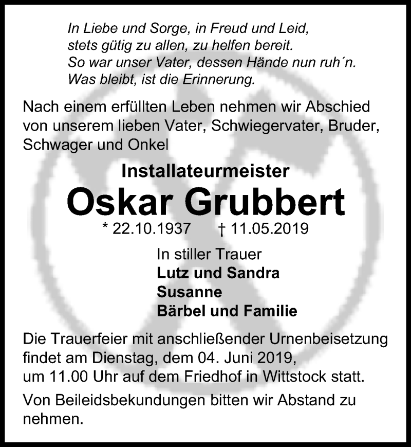  Traueranzeige für Oskar Grubbert vom 18.05.2019 aus Märkischen Allgemeine Zeitung