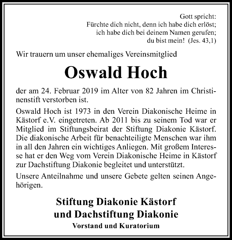  Traueranzeige für Oswald Hoch vom 02.03.2019 aus Aller Zeitung