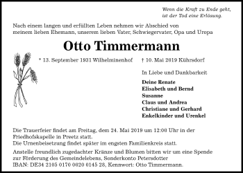 Traueranzeige von Otto Timmermann von Kieler Nachrichten