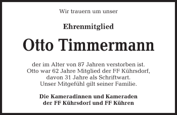 Traueranzeige von Otto Timmermann von Kieler Nachrichten