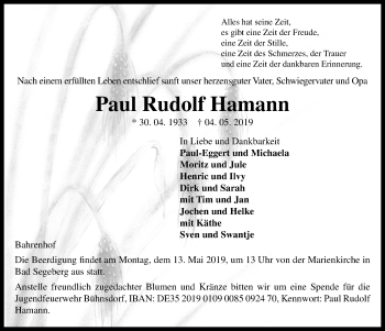 Traueranzeige von Paul Rudolf Hamann von Kieler Nachrichten
