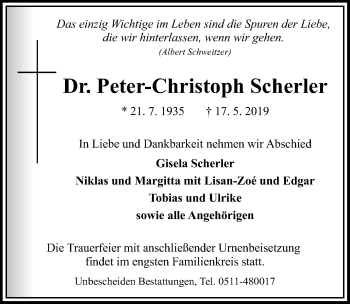 Traueranzeige von Peter-Christoph Scherler von Hannoversche Allgemeine Zeitung/Neue Presse