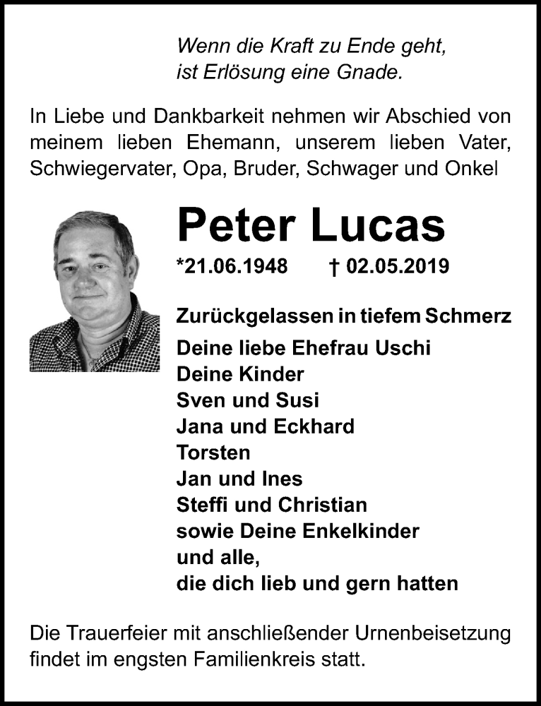 Traueranzeige für Peter Lucas vom 11.05.2019 aus Ostsee-Zeitung GmbH