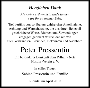 Traueranzeige von Peter Pressentin von Ostsee-Zeitung GmbH