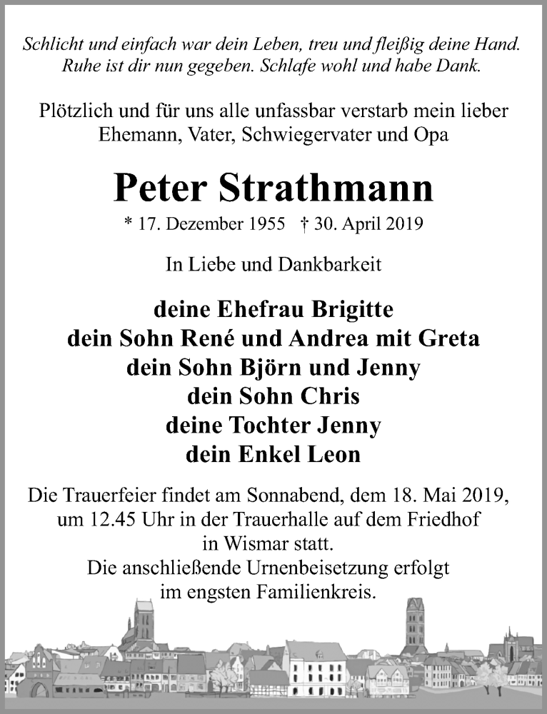 Traueranzeige für Peter Strathmann vom 11.05.2019 aus Ostsee-Zeitung GmbH