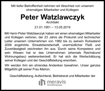 Traueranzeige von Peter Watzlawczyk von Hannoversche Allgemeine Zeitung/Neue Presse