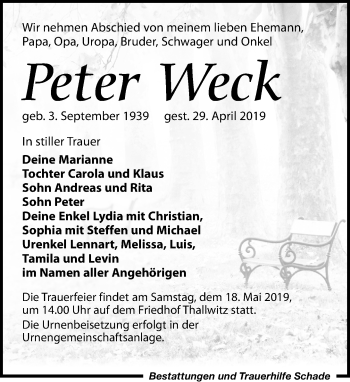 Traueranzeige von Peter Weck von Leipziger Volkszeitung