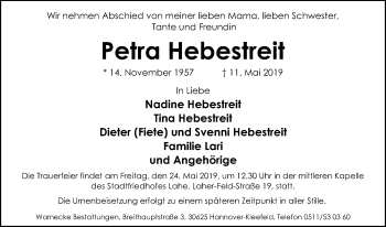 Traueranzeige von Petra Hebestreit von Hannoversche Allgemeine Zeitung/Neue Presse