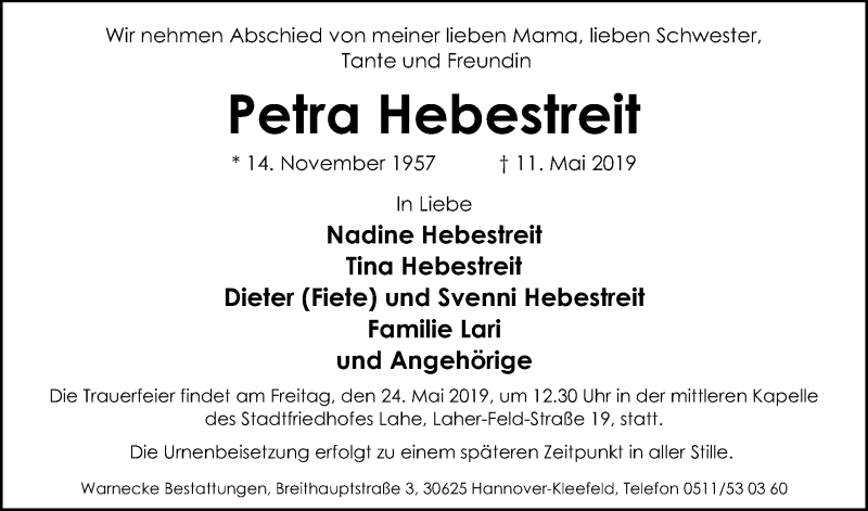  Traueranzeige für Petra Hebestreit vom 18.05.2019 aus Hannoversche Allgemeine Zeitung/Neue Presse