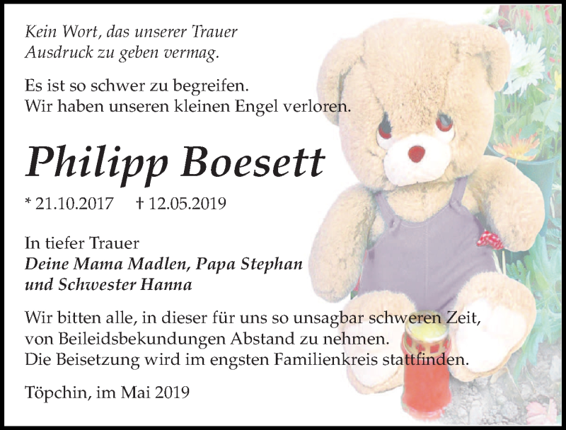  Traueranzeige für Philipp Boesett vom 20.05.2019 aus Märkischen Allgemeine Zeitung