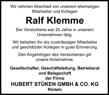 Traueranzeige von Ralf Klemme von Schaumburger Nachrichten