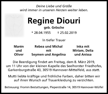 Traueranzeige von Regine Diouri von Hannoversche Allgemeine Zeitung/Neue Presse
