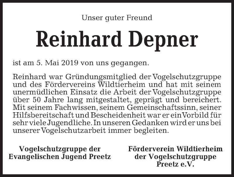  Traueranzeige für Reinhard Depner vom 08.05.2019 aus Kieler Nachrichten