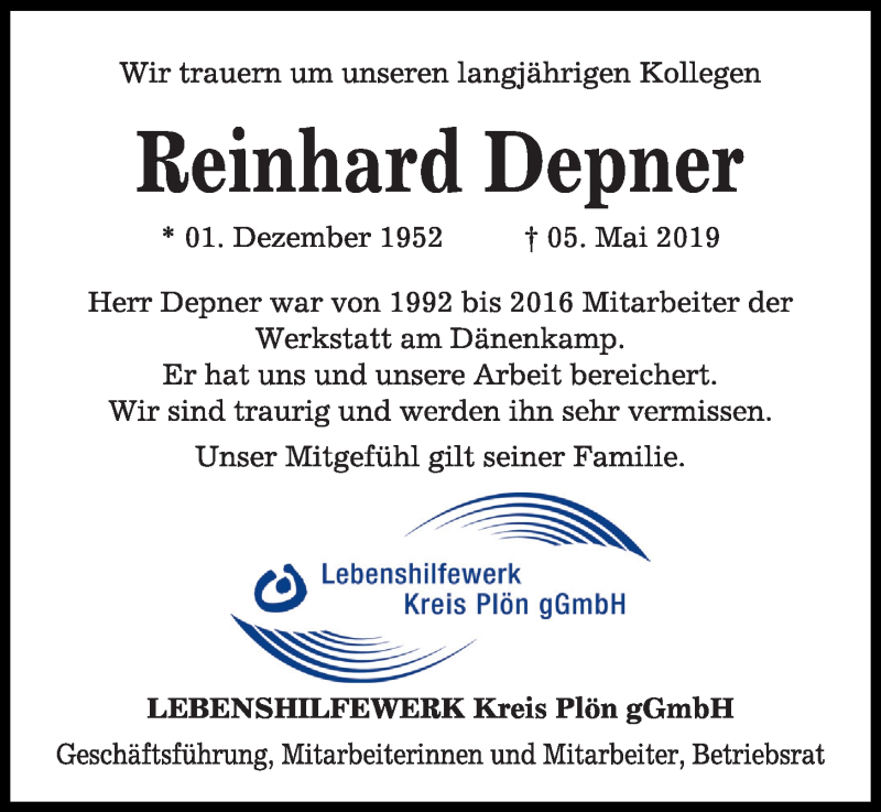  Traueranzeige für Reinhard Depner vom 11.05.2019 aus Kieler Nachrichten