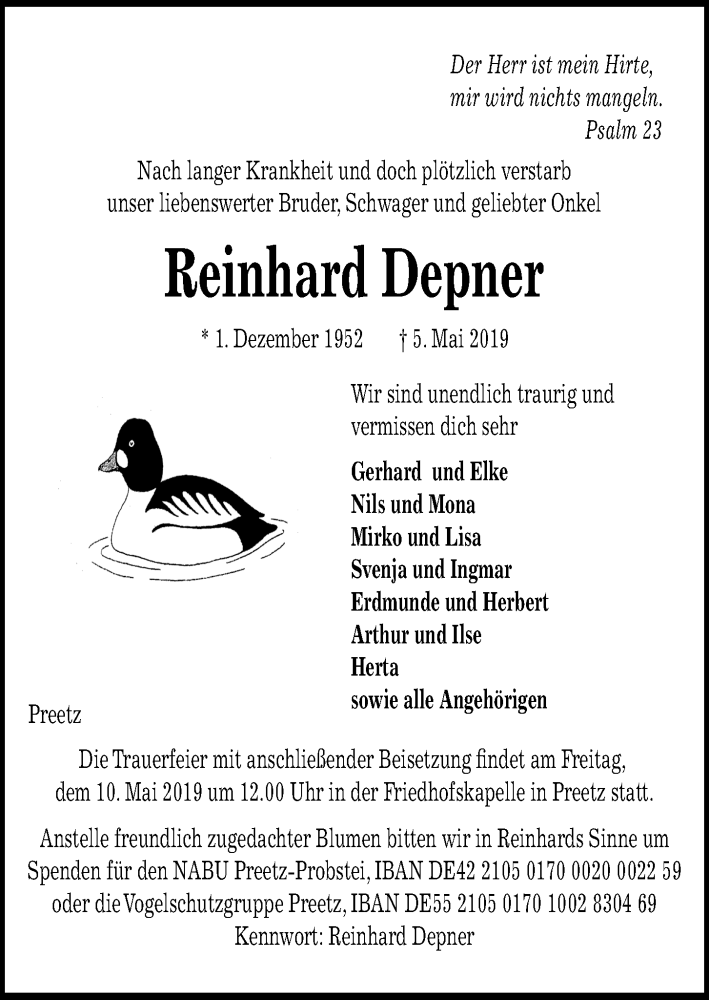  Traueranzeige für Reinhard Depner vom 08.05.2019 aus Kieler Nachrichten