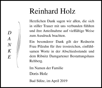 Traueranzeige von Reinhard Holz von Ostsee-Zeitung GmbH