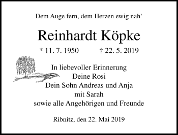 Traueranzeige von Reinhardt Köpke von Ostsee-Zeitung GmbH