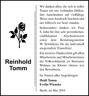Traueranzeige von Reinhold Tomm von Ostsee-Zeitung GmbH