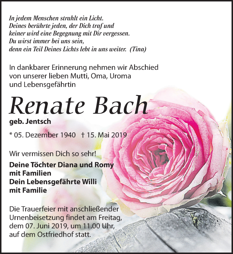 Traueranzeigen Von Renate Bach | Trauer-anzeigen.de