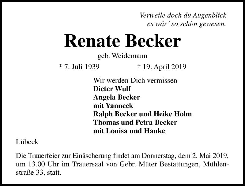  Traueranzeige für Renate Becker vom 01.05.2019 aus Lübecker Nachrichten