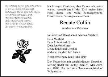 Traueranzeige von Renate Collin von Ostsee-Zeitung GmbH
